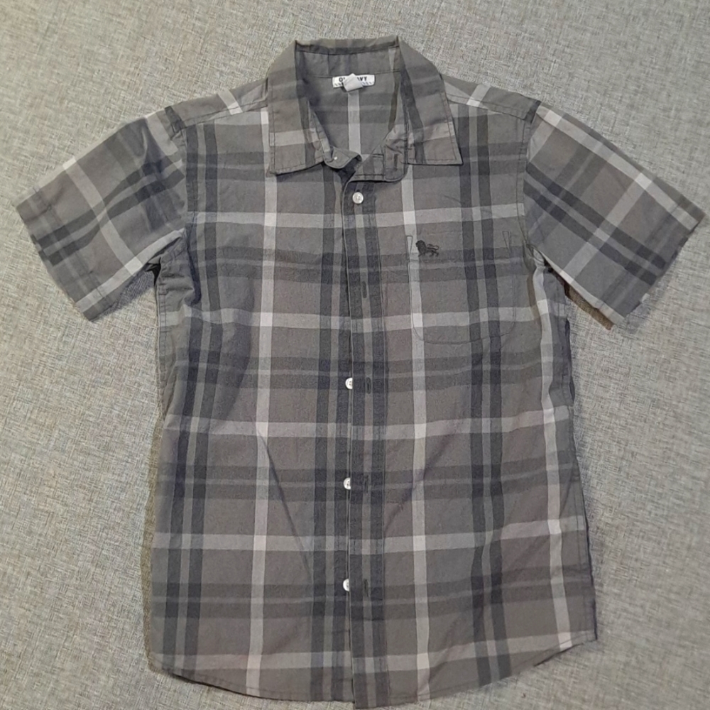 Old Navy Grey White and Black Plaid Boys Button Down Short Sleeve YLG